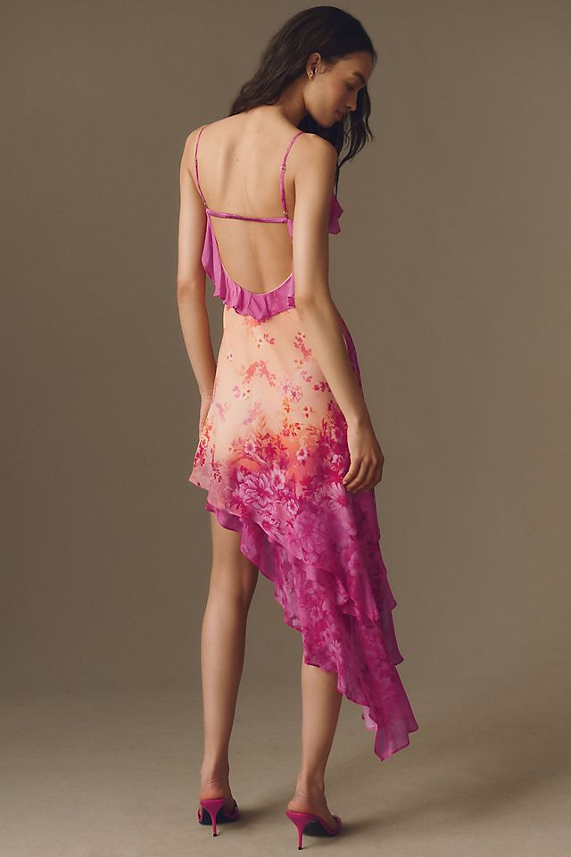 BHLDN Asymmetric Ruffle Midi Slip Dress Pink Pattern