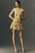 BHLDN Drop-Waist Mock-Neck Mini Dress Green Pattern