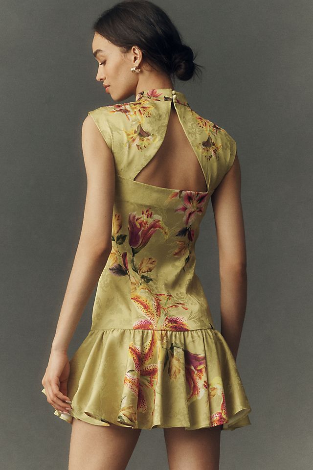 BHLDN Drop-Waist Mock-Neck Mini Dress Green Pattern