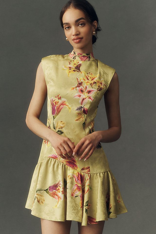 BHLDN Drop-Waist Mock-Neck Mini Dress Green Pattern