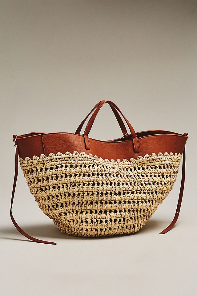 By Anthropologie Raffia Leather-Trim Bag