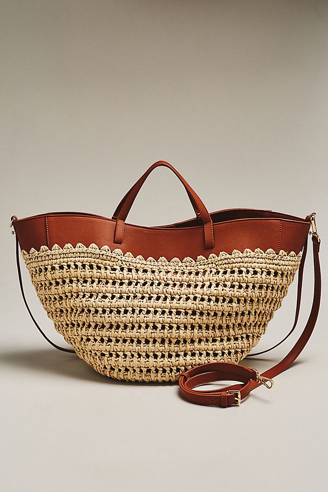 By Anthropologie Raffia Leather-Trim Bag