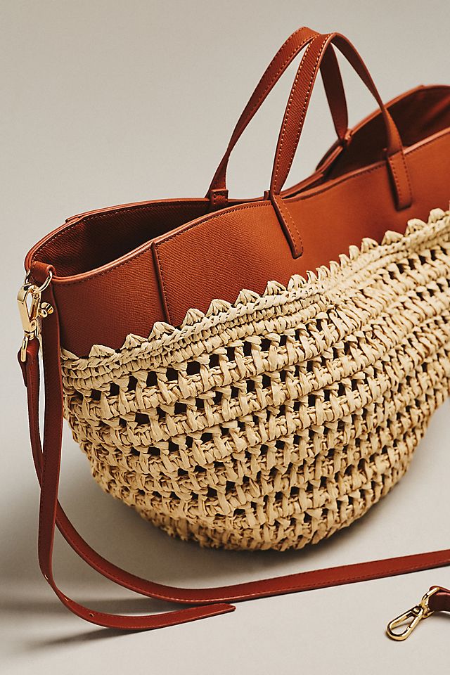 By Anthropologie Raffia Leather-Trim Bag