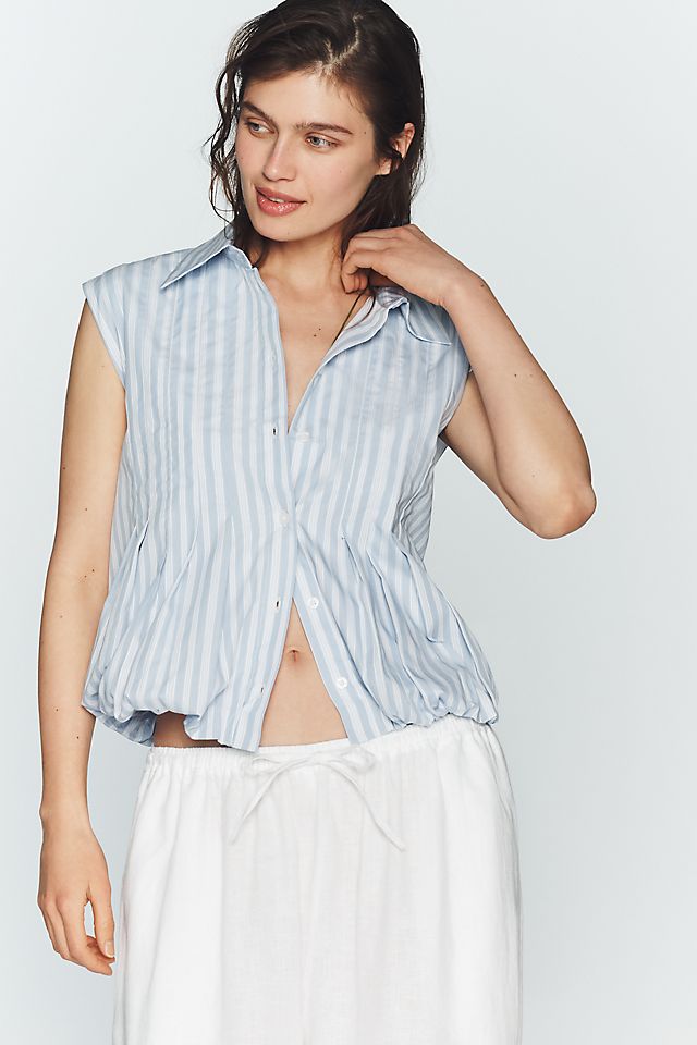 Maeve Sleeveless Pleated Bubble-Hem Buttondown Top