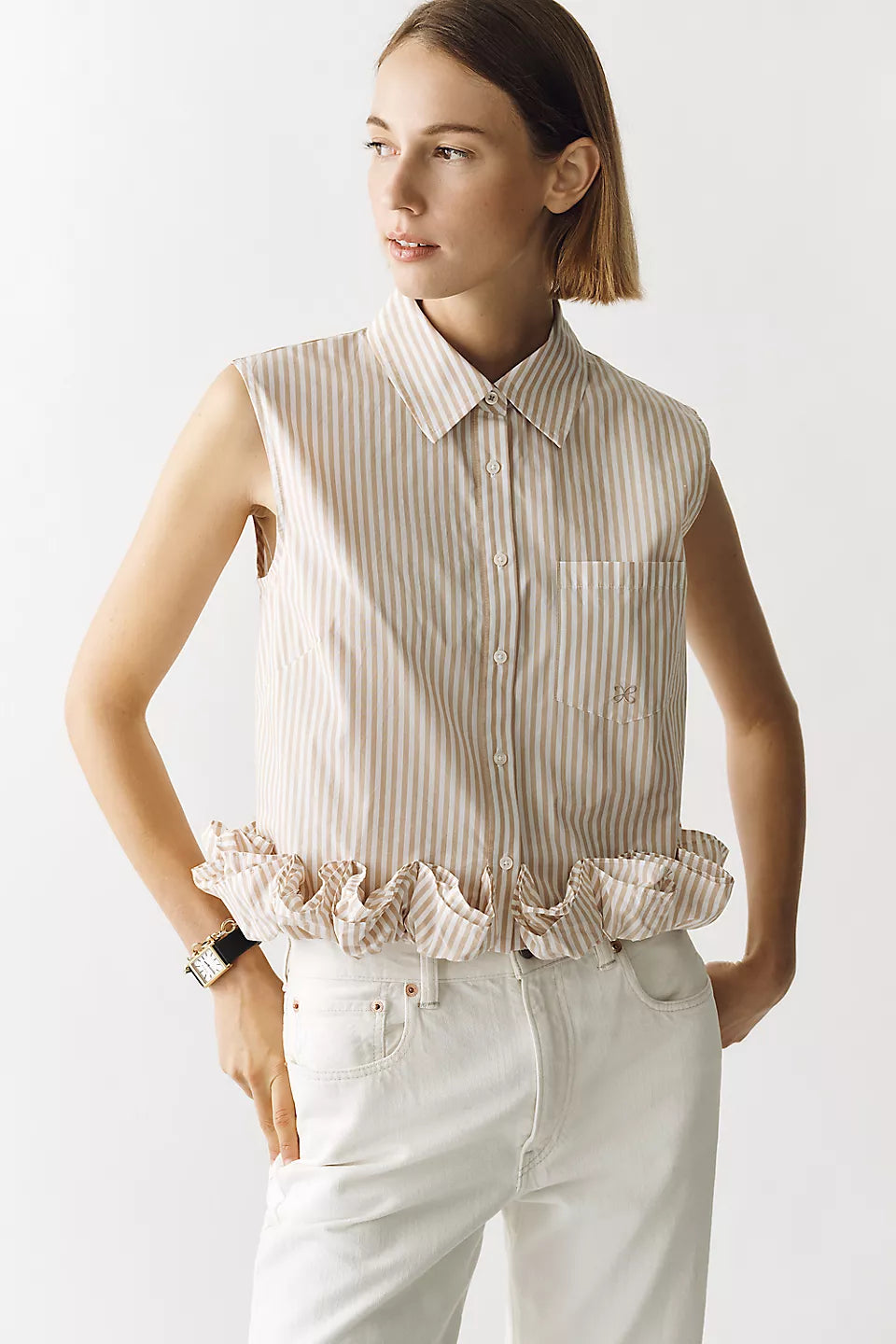 Maeve 100% Cotton Ruffled Buttondown Shirt