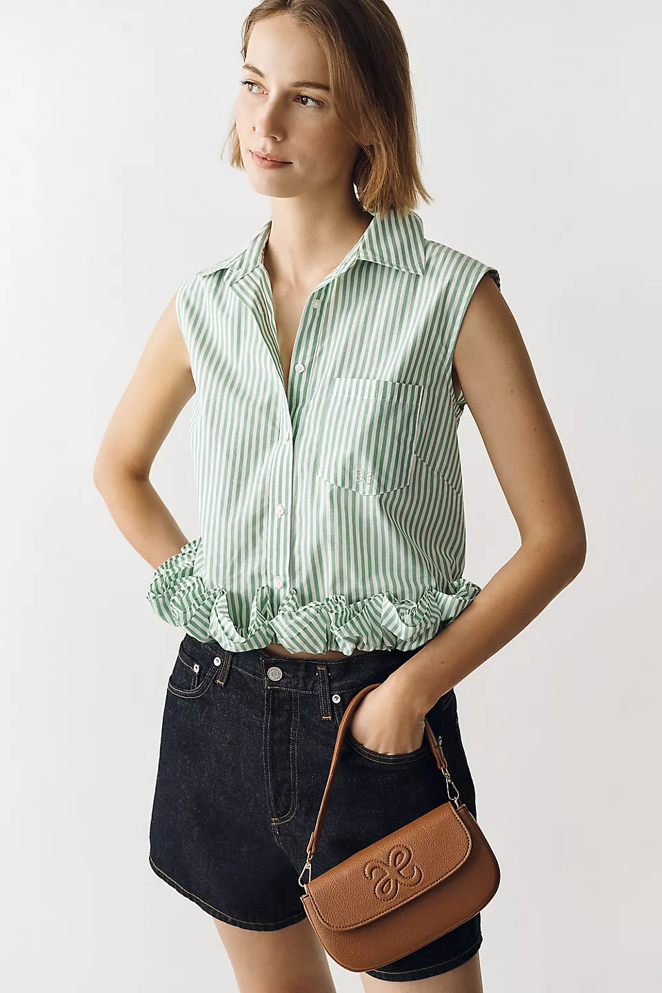 Maeve 100% Cotton Ruffled Buttondown Shirt