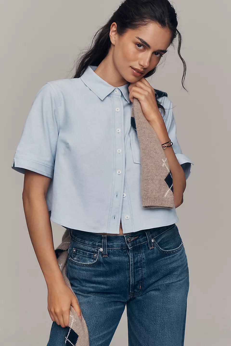 Maeve Merritt Short-Sleeve Cropped Buttondown Shirt