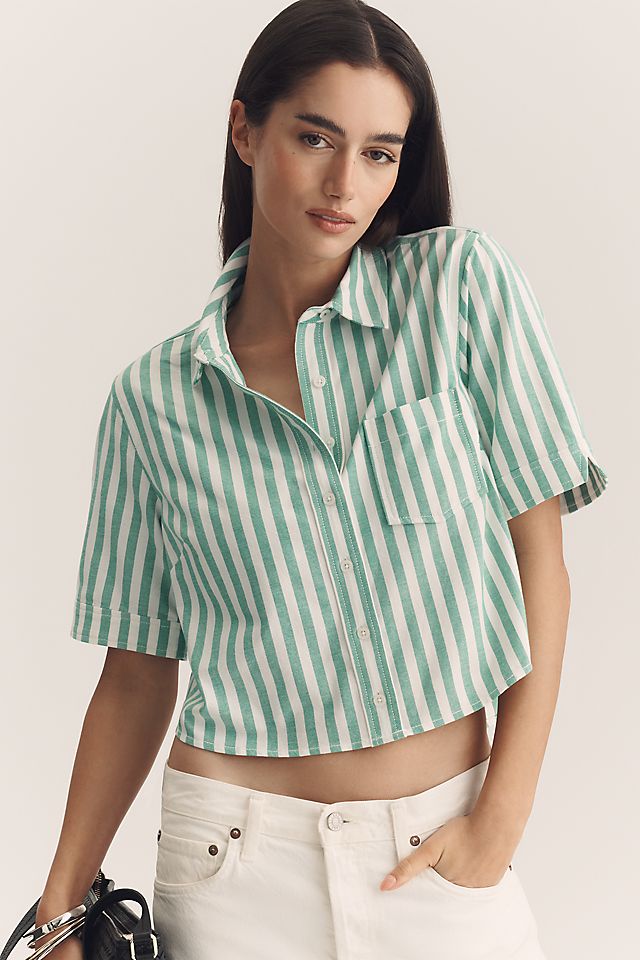Maeve Merritt Short-Sleeve Cropped Buttondown Shirt