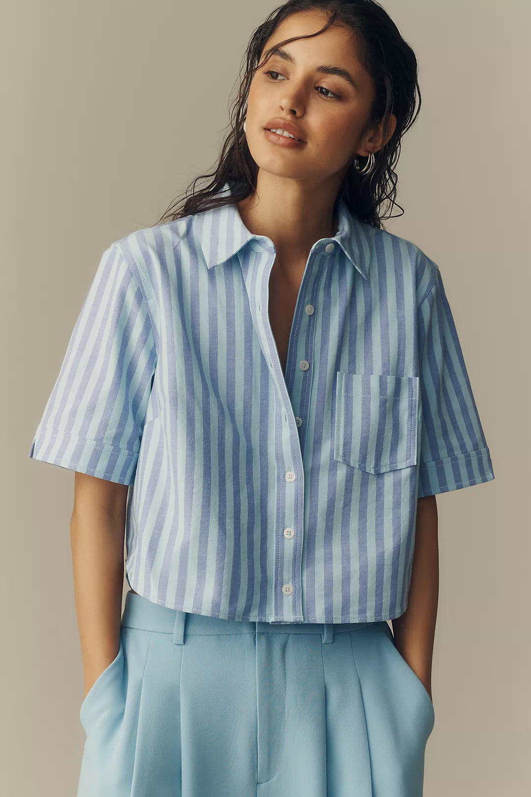Maeve Merritt Short-Sleeve Cropped Buttondown Shirt