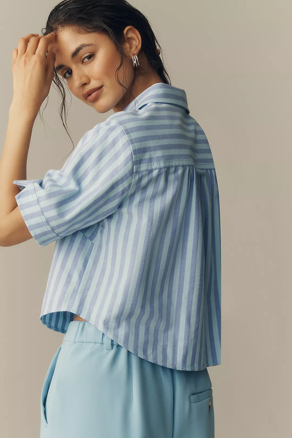 Maeve Merritt Short-Sleeve Cropped Buttondown Shirt