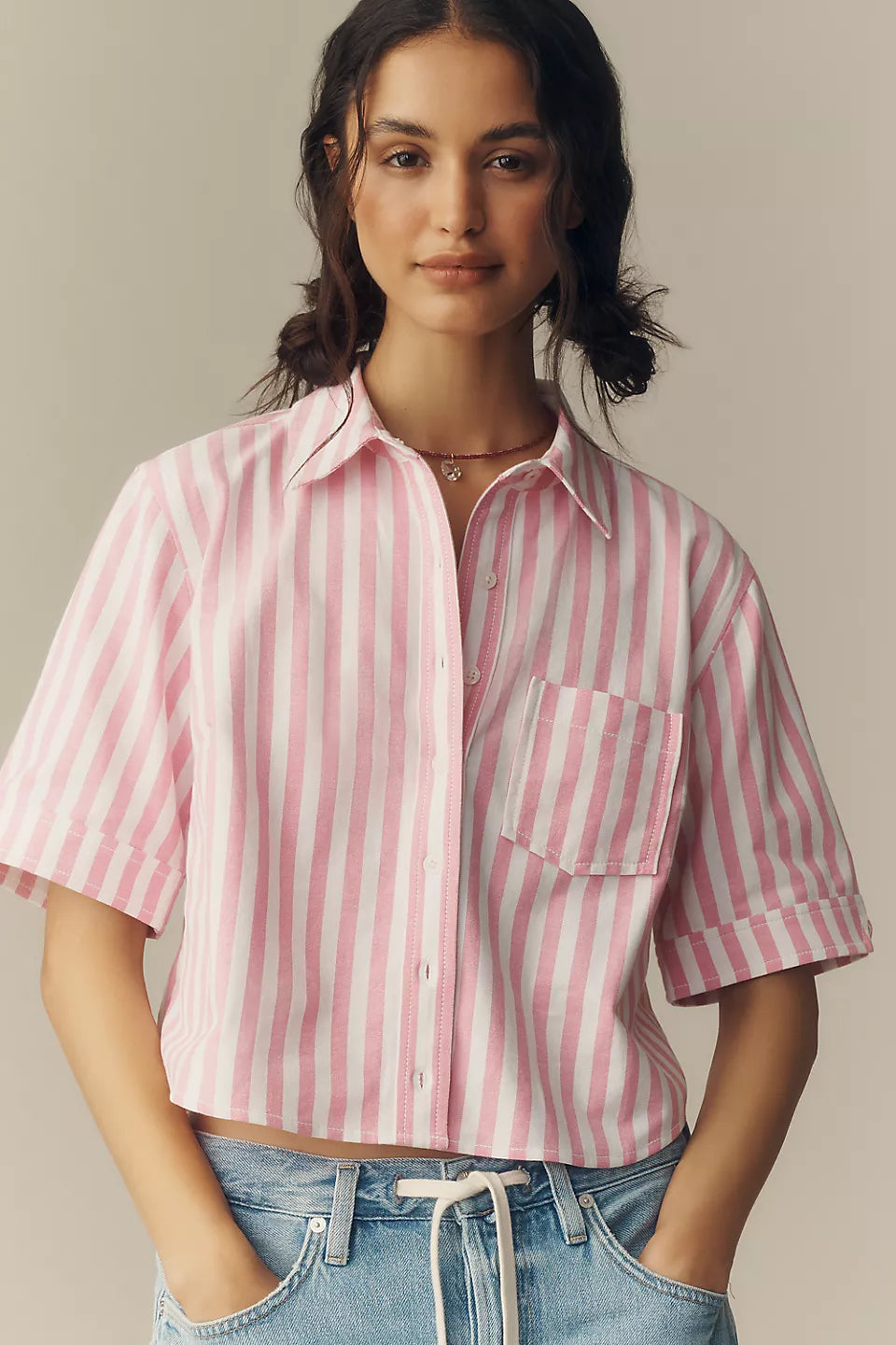Maeve Merritt Short-Sleeve Cropped Buttondown Shirt