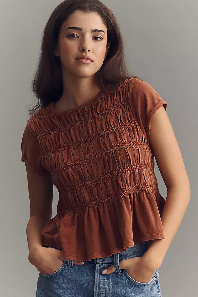 Tabby Cotton Smocked Peplum Tee