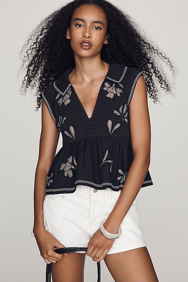 By Anthropologie Cotton Cutwork Babydoll Top