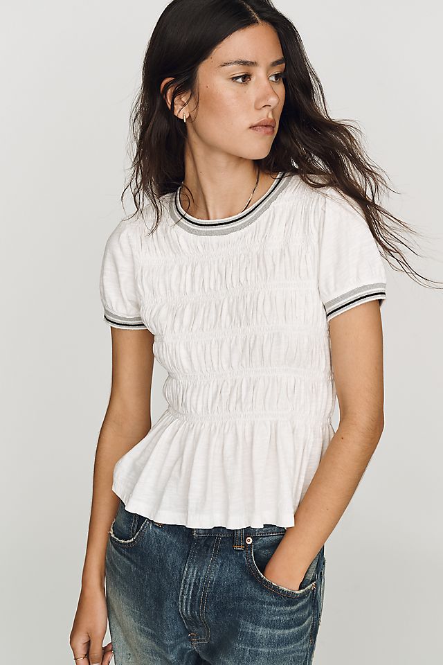 Pilcro Smocked Peplum Cotton Crew-Neck Tee