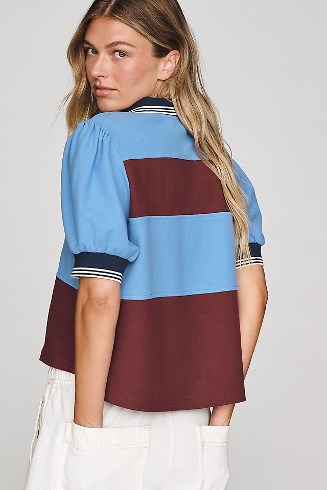 Maeve Color-Block Puff-Sleeve Cotton Rugby Top