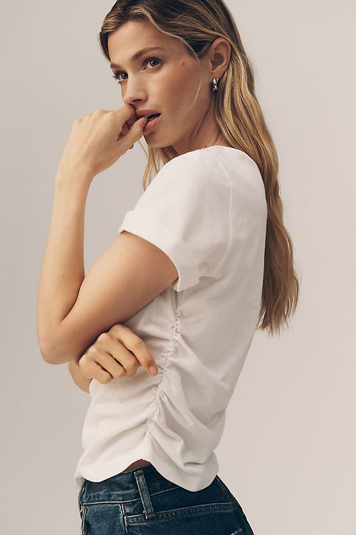 By Anthropologie 100% Cotton Ruched Asymmetric Tee