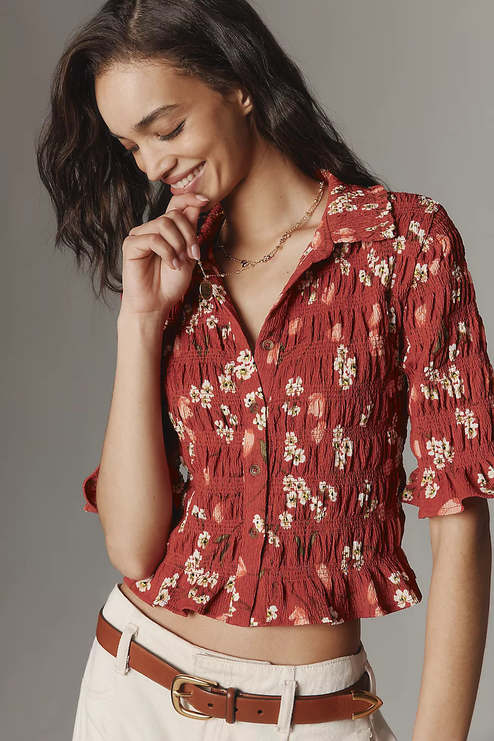 Maeve Smocked Button-Front Top