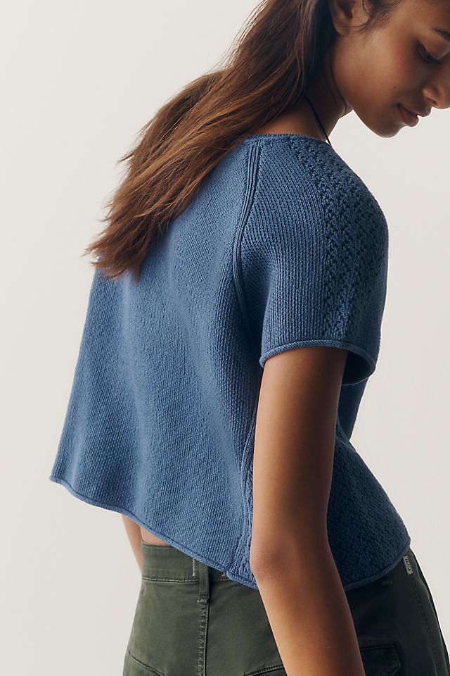 By Anthropologie 100% Cotton Pointelle Sweater Bijou Blue