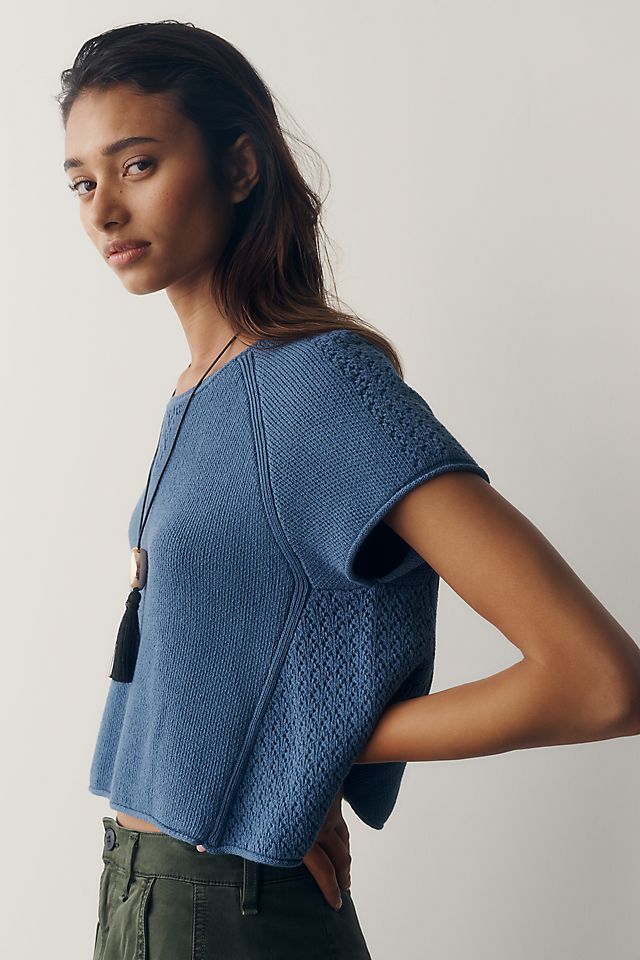 By Anthropologie 100% Cotton Pointelle Sweater Bijou Blue