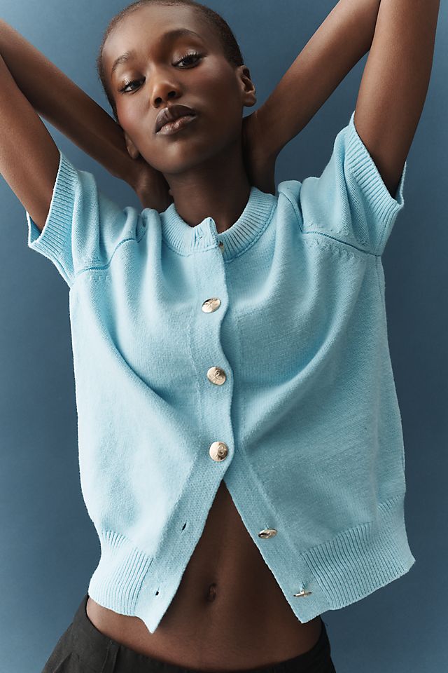 Maeve Short-Sleeve Crew-Neck Cardigan Sweater