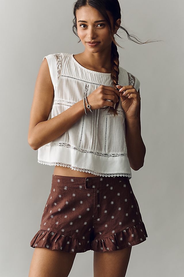 By Anthropologie 100% Linen Ruffle Shorts