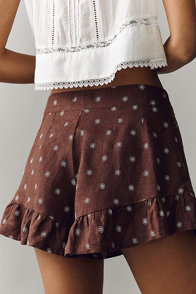 By Anthropologie 100% Linen Ruffle Shorts