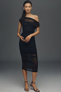 By Anthropologie Loretta Off-Shoulder Mesh Slim Midi Dress Black