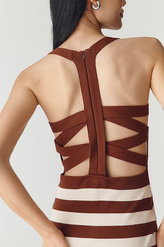 By Anthropologie Mini Halter Sweater Dress Brown Stripe