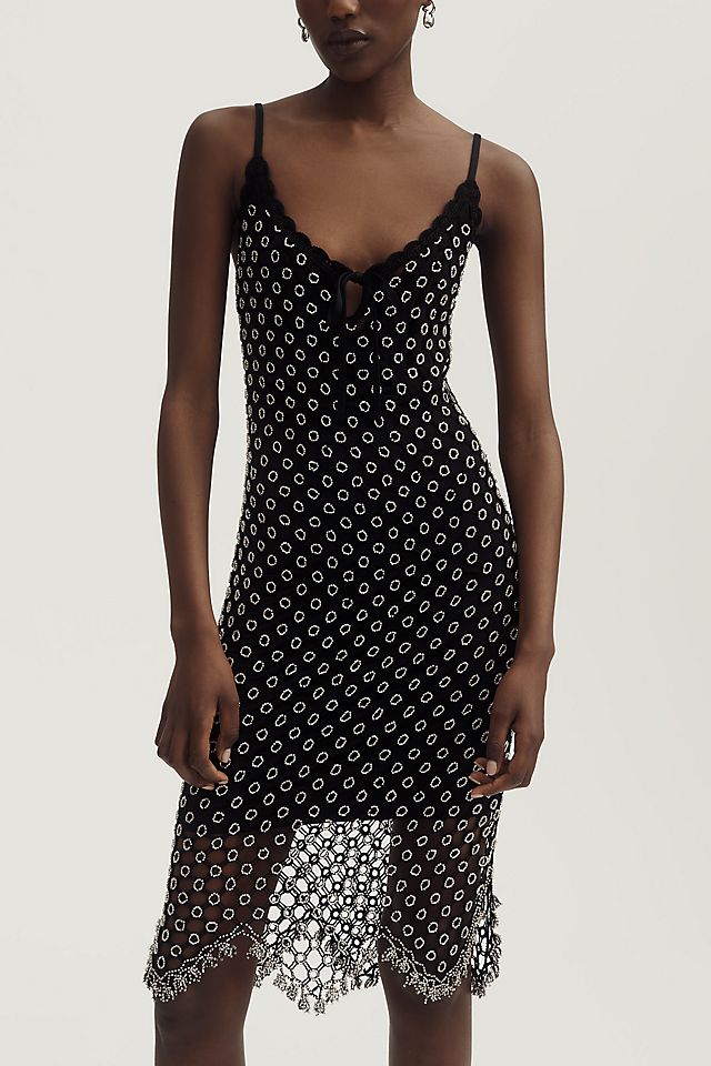 MISHA V-Neck Crystal Beaded Mini Dress