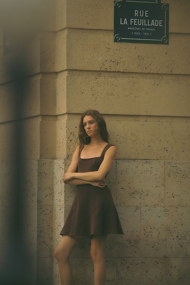 By Anthropologie Square-Neck Mini Sweater Dress Brown