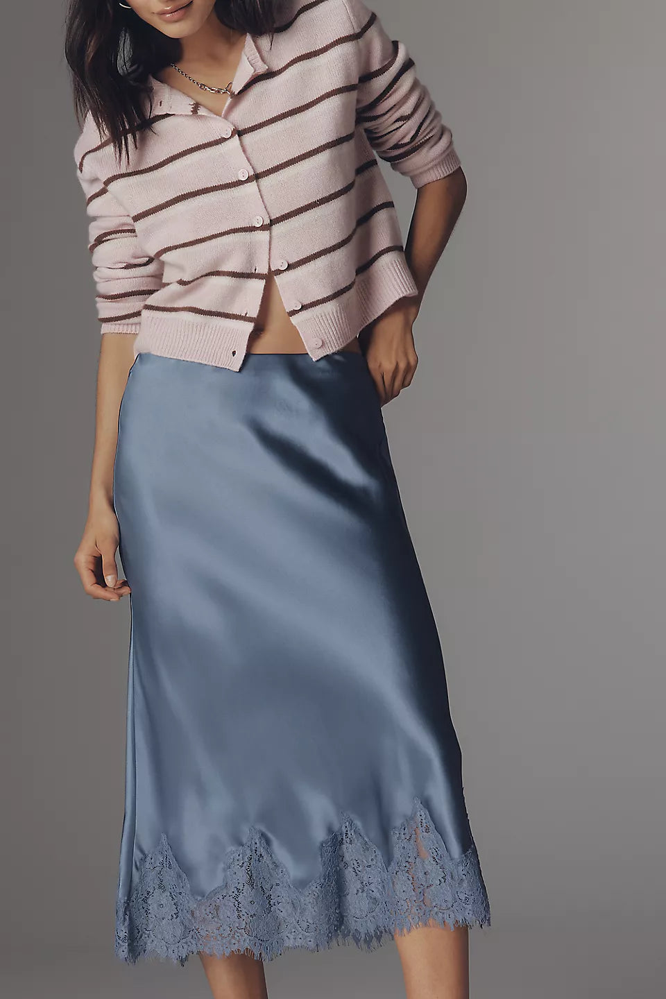 Reformation Carolina Lace-Hem Silk Midi Skirt Navy
