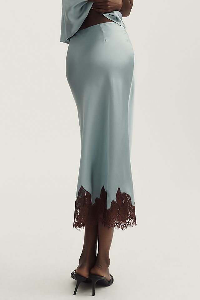 Reformation Carolina Lace-Hem Silk Midi Skirt Navy
