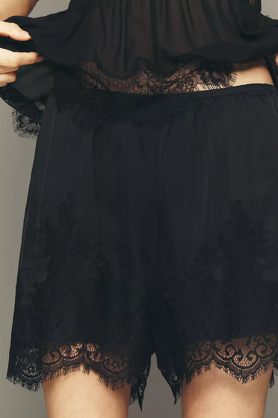 Lyrebird Heirloom Lace-Trim Satin Shorts Black Onyx