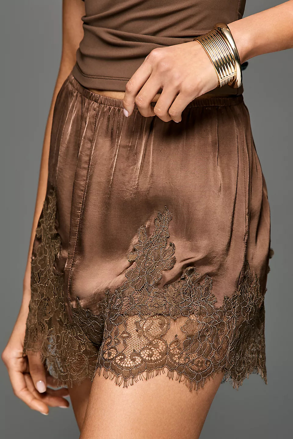 Lyrebird Heirloom Lace-Trim Satin Shorts Black Onyx