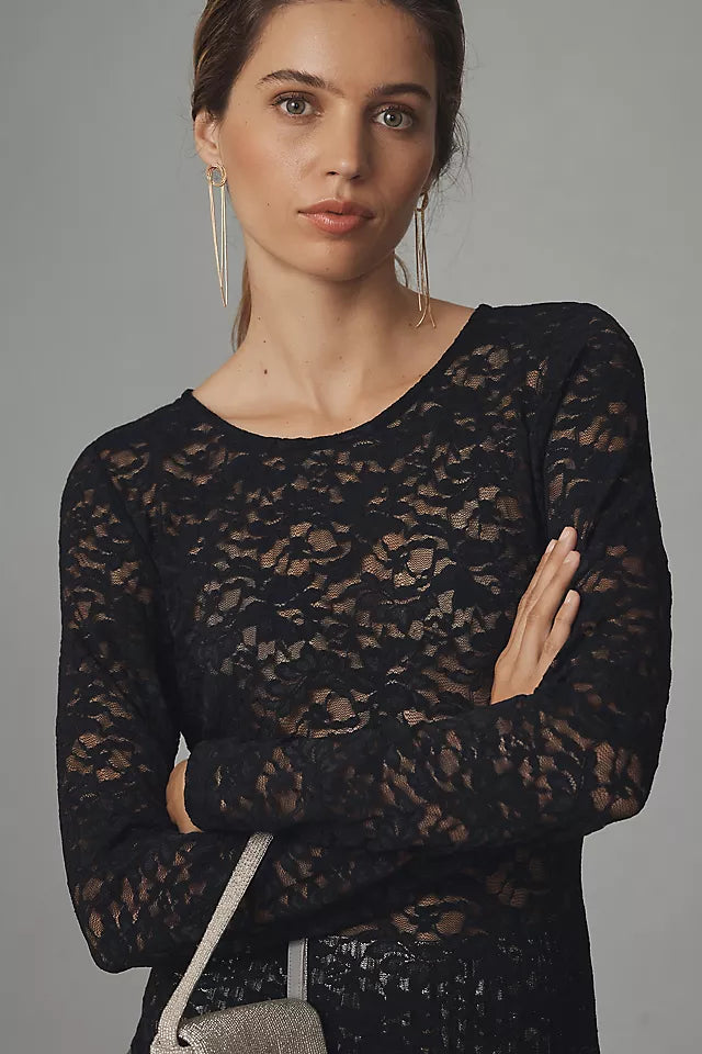 Long-Sleeve Lace Crew-Neck Top