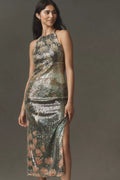 BHLDN Paulina Halter Printed Sequin Midi Dress Mint Printed Combo