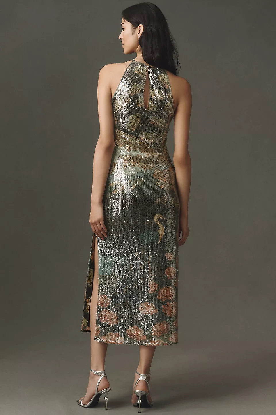 BHLDN Paulina Halter Printed Sequin Midi Dress Mint Printed Combo