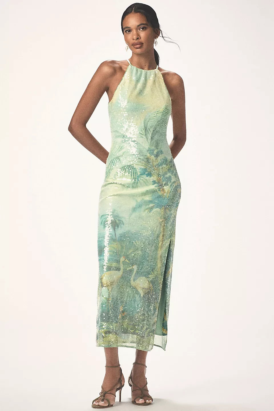 BHLDN Paulina Halter Printed Sequin Midi Dress Mint Printed Combo