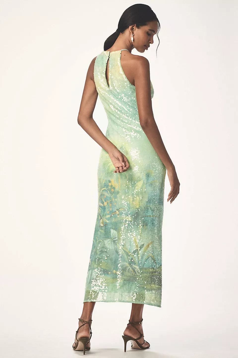 BHLDN Paulina Halter Printed Sequin Midi Dress Mint Printed Combo