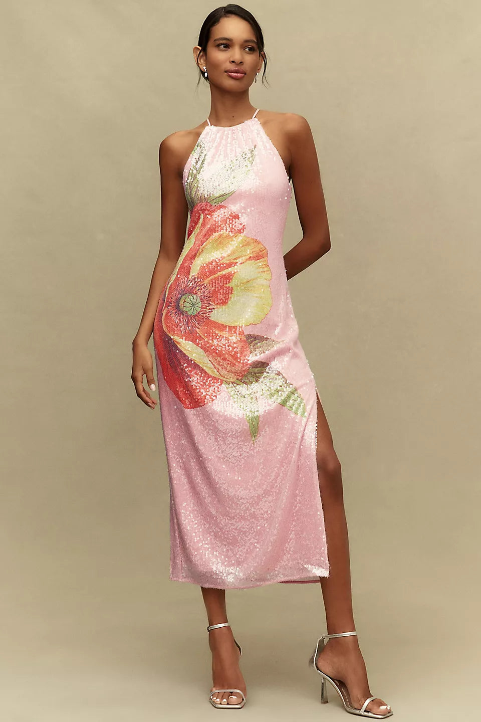 BHLDN Paulina Halter Printed Sequin Midi Dress Mint Printed Combo